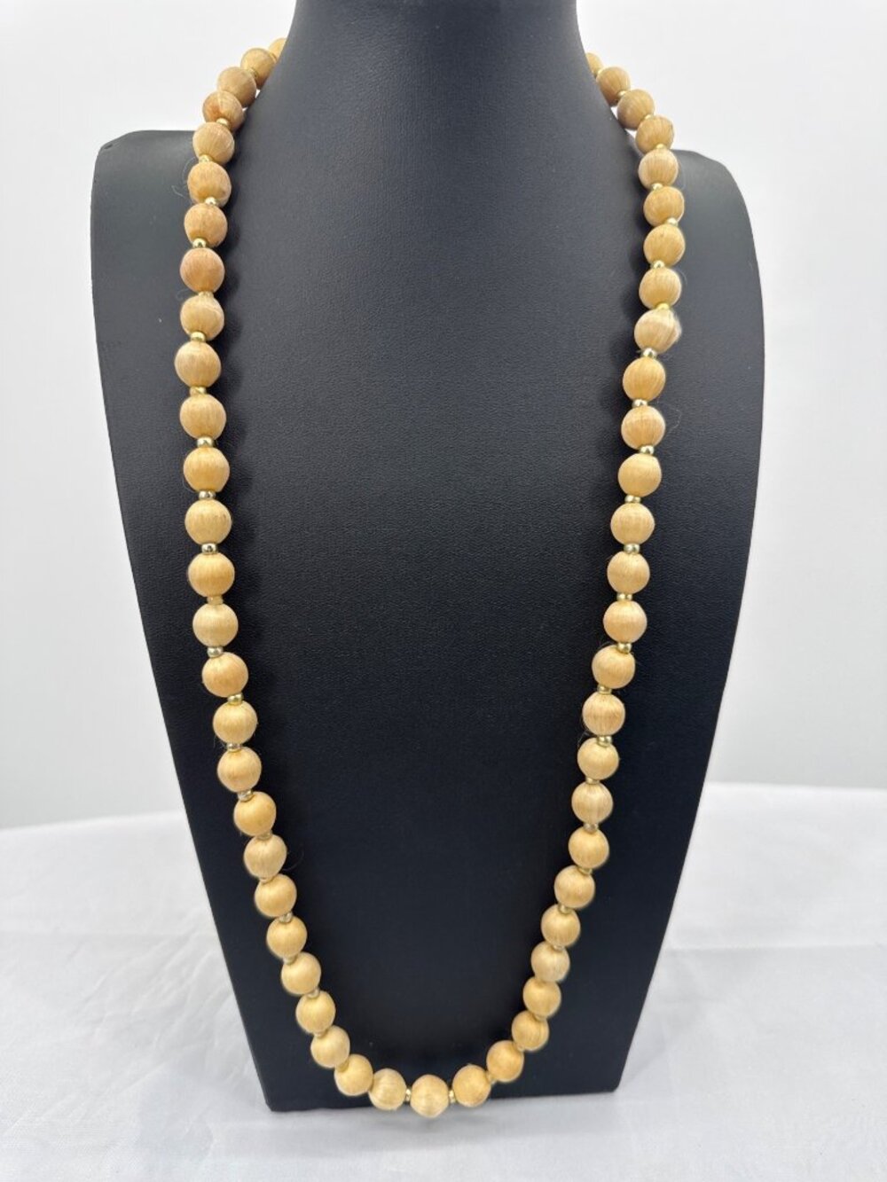 Vintage Gold Satin Silk Thread Wrapped Bead Necklace Long Strand Boho
